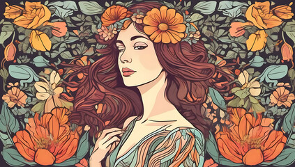 beautiful retro asian woman floral garden flowers leaves colorful vintage spring summer