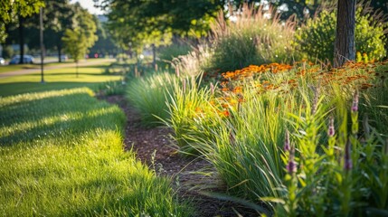 Obraz premium Discuss the role of grasses in urban environments. How do grasses contribute to green spaces, reduce urban heat islands, and improve air quality