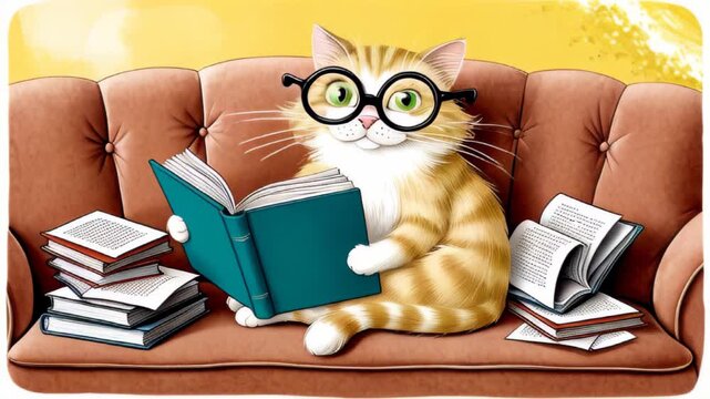 Cartoon orange tabby cat wearing glasses is sitting on a sofa and reading a book, surrounded by stacks of books