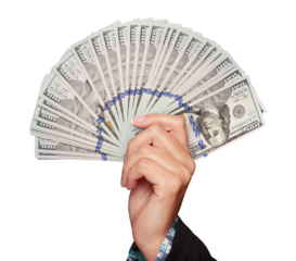 Female Hand Holding Thousands of U.S. Dollars in One Hundred Dollar Bills Isolated. Transparent PNG.