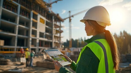 Obraz premium confident female engineer in a white helmet and a green reflective vest is overseeing the operation