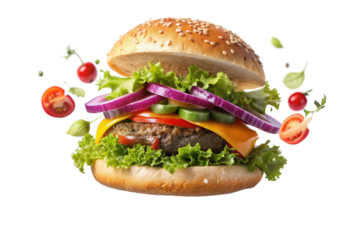 Juicy hamburger Ingredients fly in the air png