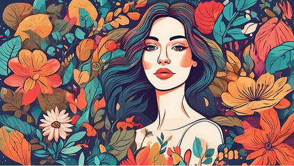 beautiful retro asian woman floral garden flowers leaves colorful vintage spring summer