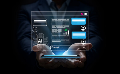 Chat with AI or Artificial Intelligence technology application. Talk to AI or Artificial Intelligence technology. A person interacts with a virtual assistant to get the answers they need. It's a smart