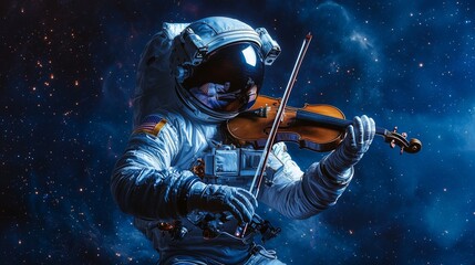 Fototapeta premium A photo of an engineer focused in a spacesuit playing a violin, isolated on a dark galaxy blue background