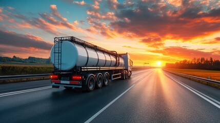 Tanker Truck Driving on Highway at Sunset