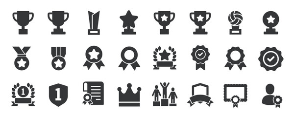 Rewards glyph solid icons collection. Containing content trophy, medal, achievement, success. For website marketing design, logo, app, template, ui, etc. Vector illustration.