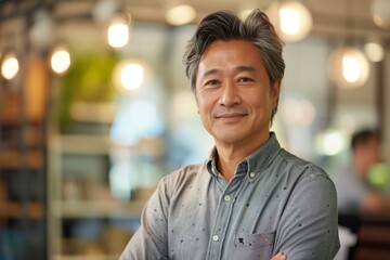 Fototapeta premium Portrait of a middle aged Asian man in startup company office