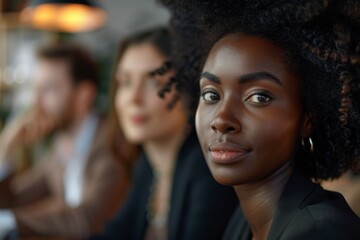 Obraz premium Young black businesswoman in focus during office meeting