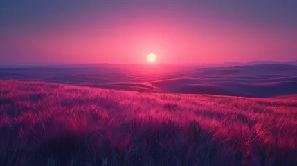 Fototapeten A stunning vibrant pink sunset casting a warm glow over rolling hills and lush grasses, creating a serene, surreal landscape © Another Galaxy