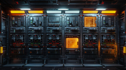 A futuristic server room with illuminated panels and advanced technology, evoking a high-tech, cyberpunk atmosphere