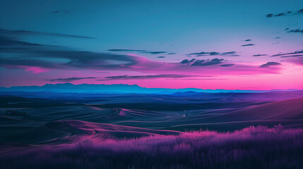 Fototapeta premium Surreal dusk landscape with vivid pink and blue hues, rolling hills, and a colorful sky, creating a dreamlike atmosphere