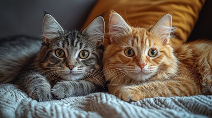two cats sitting comfortably together on a plush sofa in a cozy living room