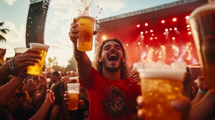 concert crowd holding plastic cups of beer