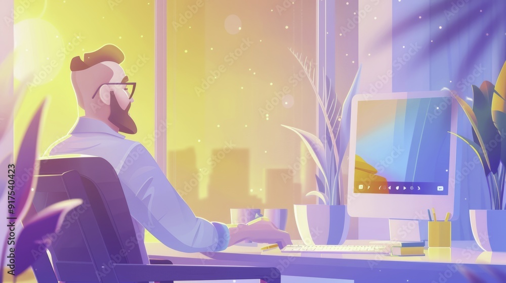 Poster man working at computer in modern office