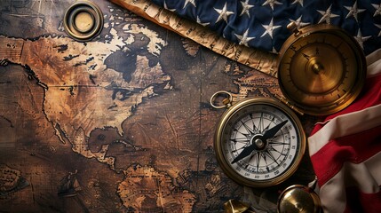 American flag, compass, and rope on treasure map on the table for Colombus Day