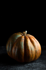 Fresh pumpkin on a dark background. Textured orange pumpkin. Autumn harvest. Ingredient for pumpkin pie.