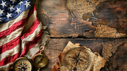 American flag, compass, and rope on treasure map on the table for Colombus Day
