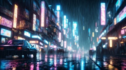 Fototapeta premium Rainy Night Cityscape with Car Reflections