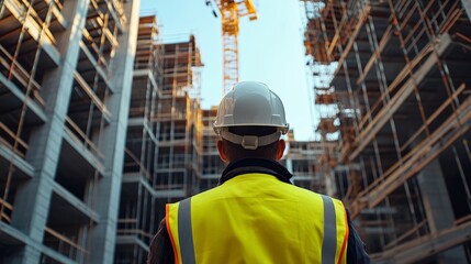 construction worker wearing a yellow high-visibility vest and a white safety helmet looking upwards.