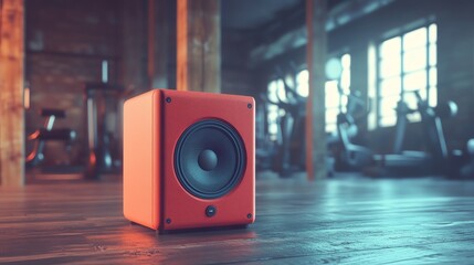 Bluetooth speaker in a gym, motivating workout music, flat design illustration