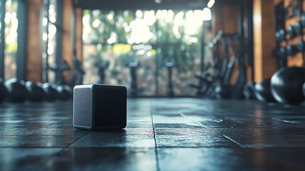 Bluetooth speaker in a gym, motivating workout music, flat design illustration