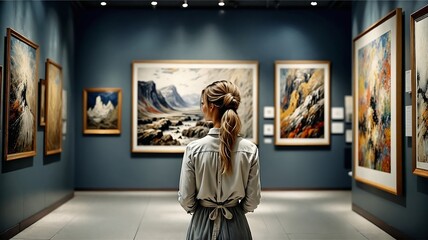 Woman Contemplating Art in Gallery