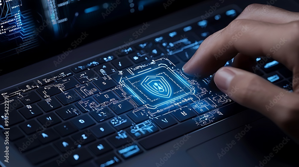Poster laptop keyboard replacement focusing on security features, technician with digital encryption tools,