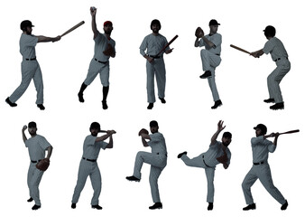 Baseball players on white background, set of silhouettes