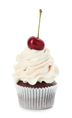 Delicious cupcake with cream and cherry isolated on white