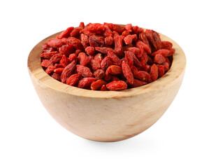 Dried goji berries in wooden bowl isolated on white