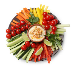 Tasty homemade hummus with chickpeas and different vegetables isolated on white, top view