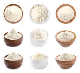 Collage with coconut flour in bowls isolated on white, top and side views