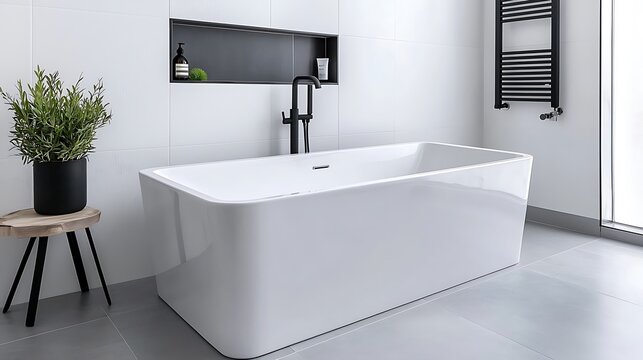 High-contrast black and white bathroom with a modern rectangular bathtub and subway tiles, a perfect blend of classic and contemporary design, copy space for text,