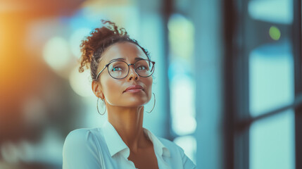 Fototapeta premium portrait of a black businesswoman wearing glasses looking up office building bokeh blurred background