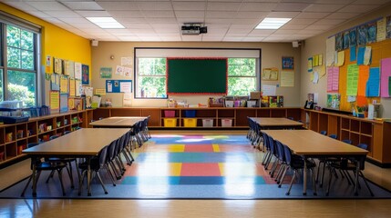 Empty Classroom with Colorful Carpet and Desks.
