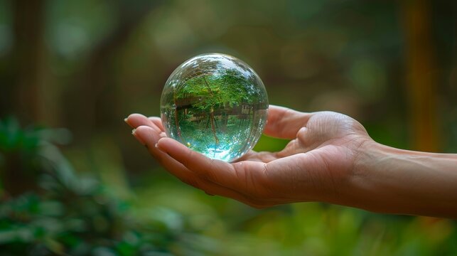 Crystal glass globe ball and green energy in hand saving the environment. Globe Concept. World environment and earth day concept with glass globe and eco friendly environment.