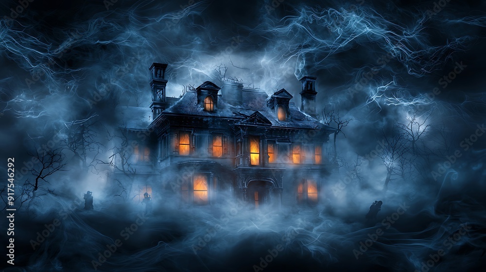 Poster abstract haunted mansion with glowing windows and twisted architecture, surrounded by eerie mist and