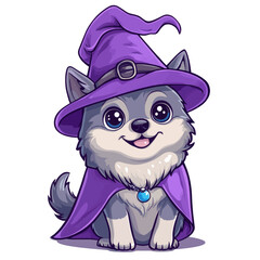 cartoon style, cute pomsky wearing a wizard costume