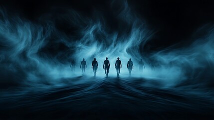 Mystical ghostly figures emerging from swirling fog, an abstract and eerie Halloween landscape filled with tension and dread, copy space for text,