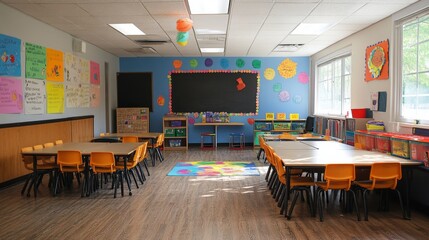 Empty Classroom with Colorful Decorations.