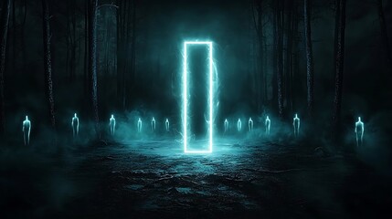 Mystical glowing runes floating in a dark forest, abstract and spooky, an eerie Halloween scene with ghostly figures emerging from the shadows, copy space for text,