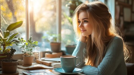 Woman enjoying a cup of coffee by the window.