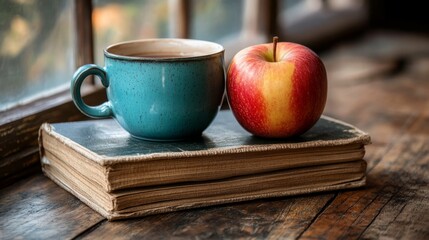 Cup of Tea, Apple, and Old Books on Wooden Table.