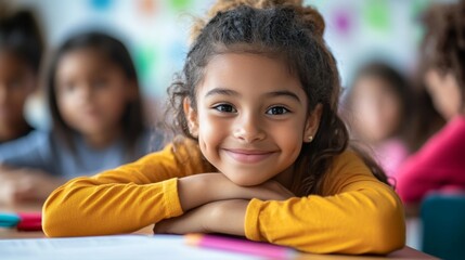 Portrait of a Happy Little Girl in a Classroom.