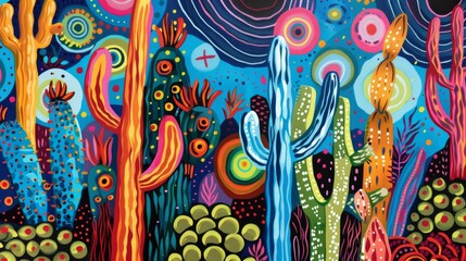 Fototapeta premium Vibrant Abstract Cactus Garden in Colorful Desert Landscape Painting
