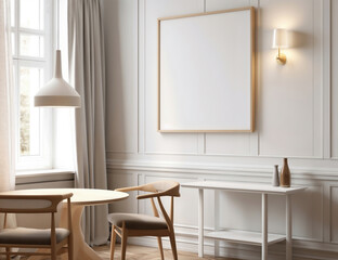 Modern dining room with white walls showing empty frame mockup