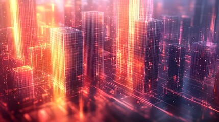 Digital Cityscape with Luminous Skyscrapers and Data Streams, Symbolizing Technological Integration in Urban Life