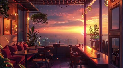 Warm interior of a cozy café bathed in the golden light of sunset, creating a serene and inviting atmosphere.
  Seamless looping 4k time-lapse virtual video animation Generated AI