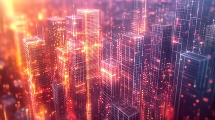 Fototapeta premium Digital Cityscape with Luminous Skyscrapers and Data Streams, Symbolizing Technological Integration in Urban Life